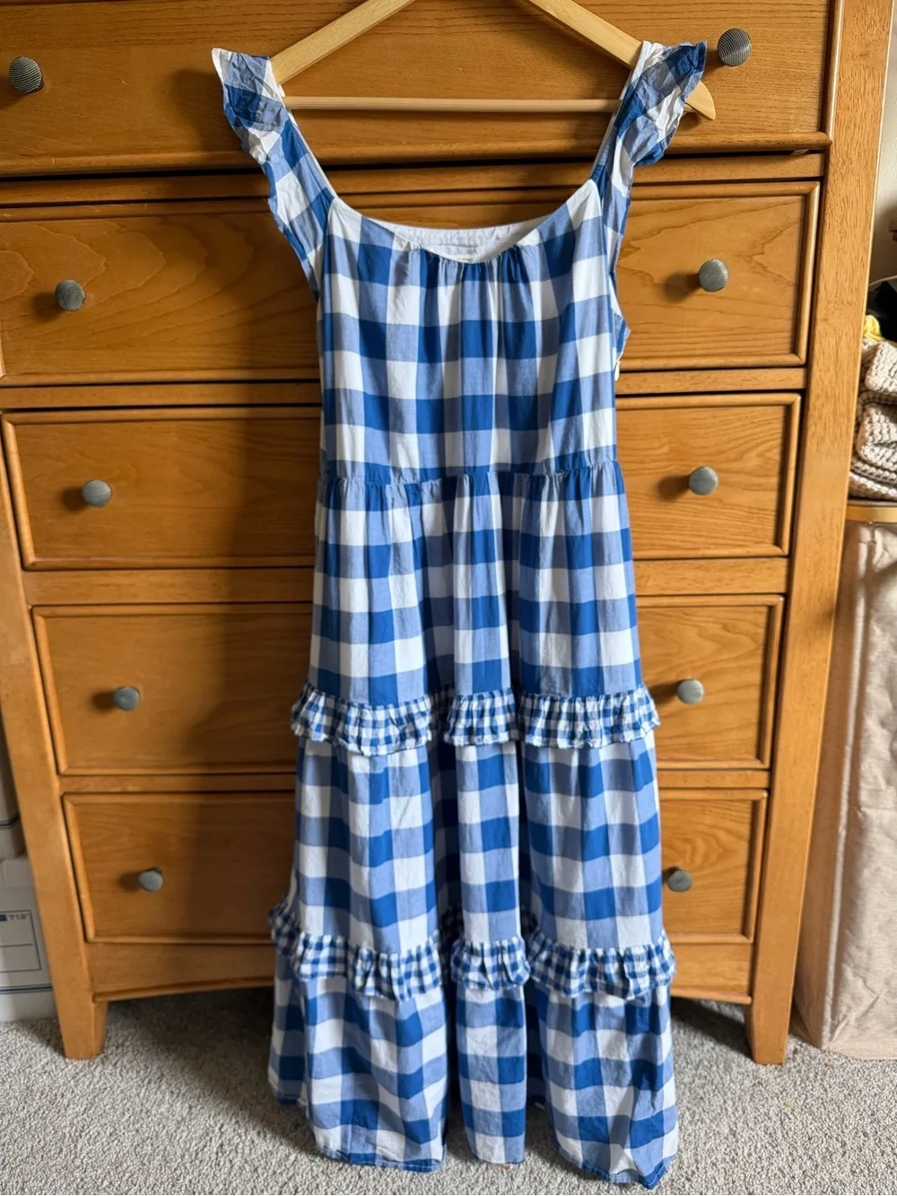 J.Crew Flutter-Sleeve Ruffle-Tiered Midi Dress Gingham Blue & White Womens S
